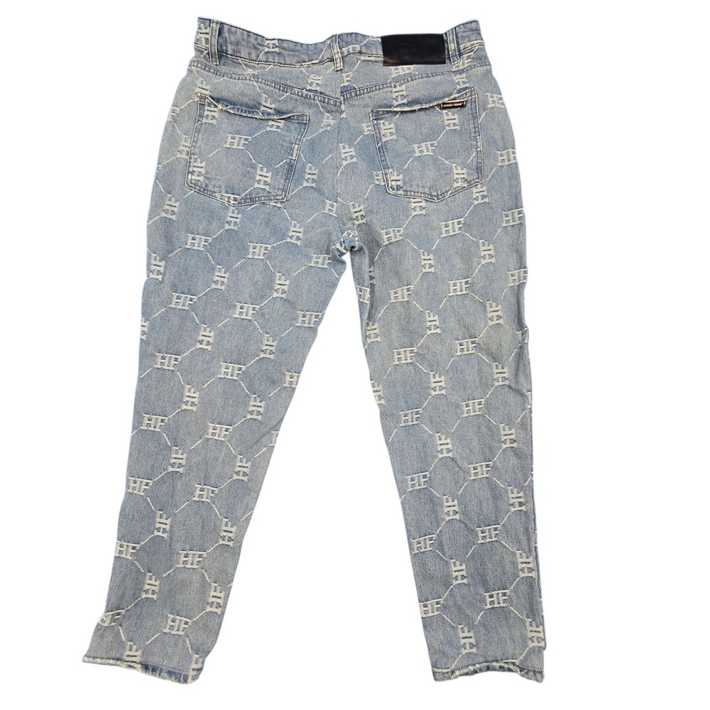 Homme Femme Monogram Denim Jeans Light Wash Blue HF Logo Streetwear Mens‎ 36 - Picture 2 of 7